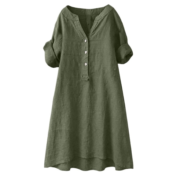 Ayolanni Solid Spring Dresses for Women Short Sleeve V Neck Shirt Midi Dress Casual Daily Cotton Linen Button Dress with Pockets Green L