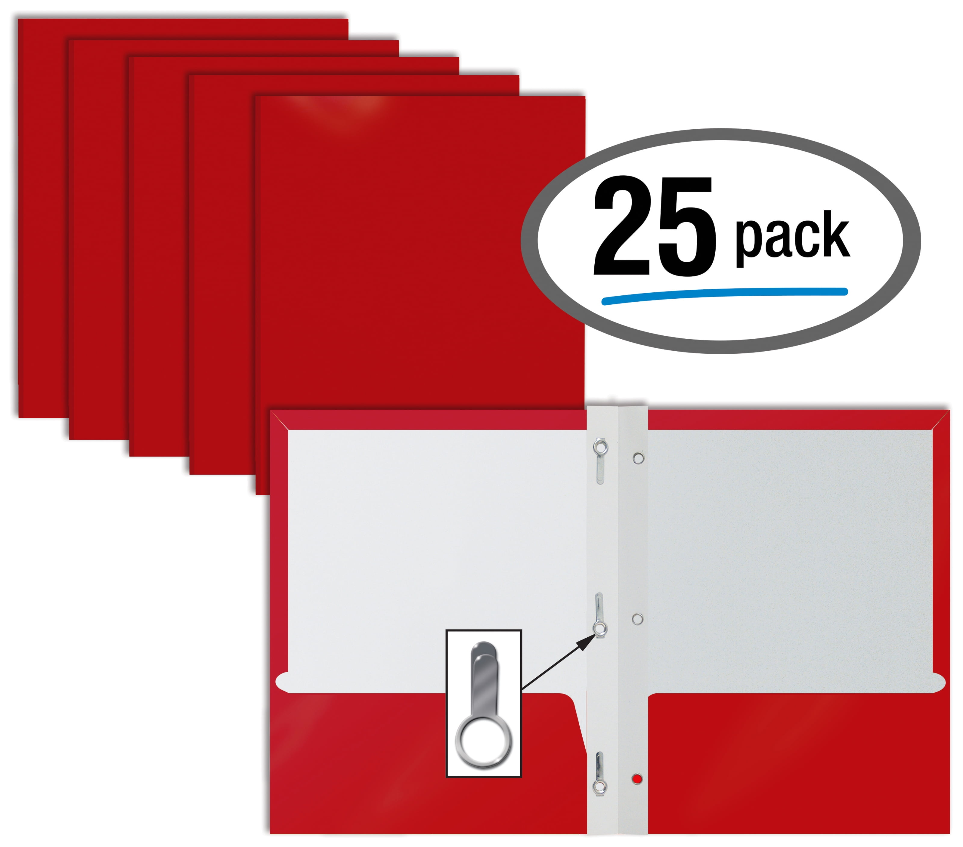 2 Pocket Glossy RED Paper Folders with Prongs, by Better Office