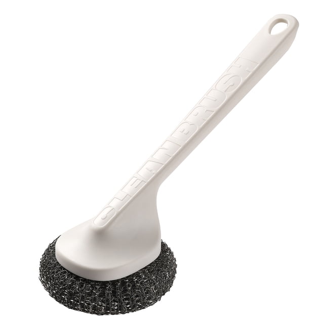 Cepillo para ollas con cabezal de bola de acero, agarre antideslizante, orificio para colgar, mango largo, fregador de platos, herramienta de limpieza de cocina