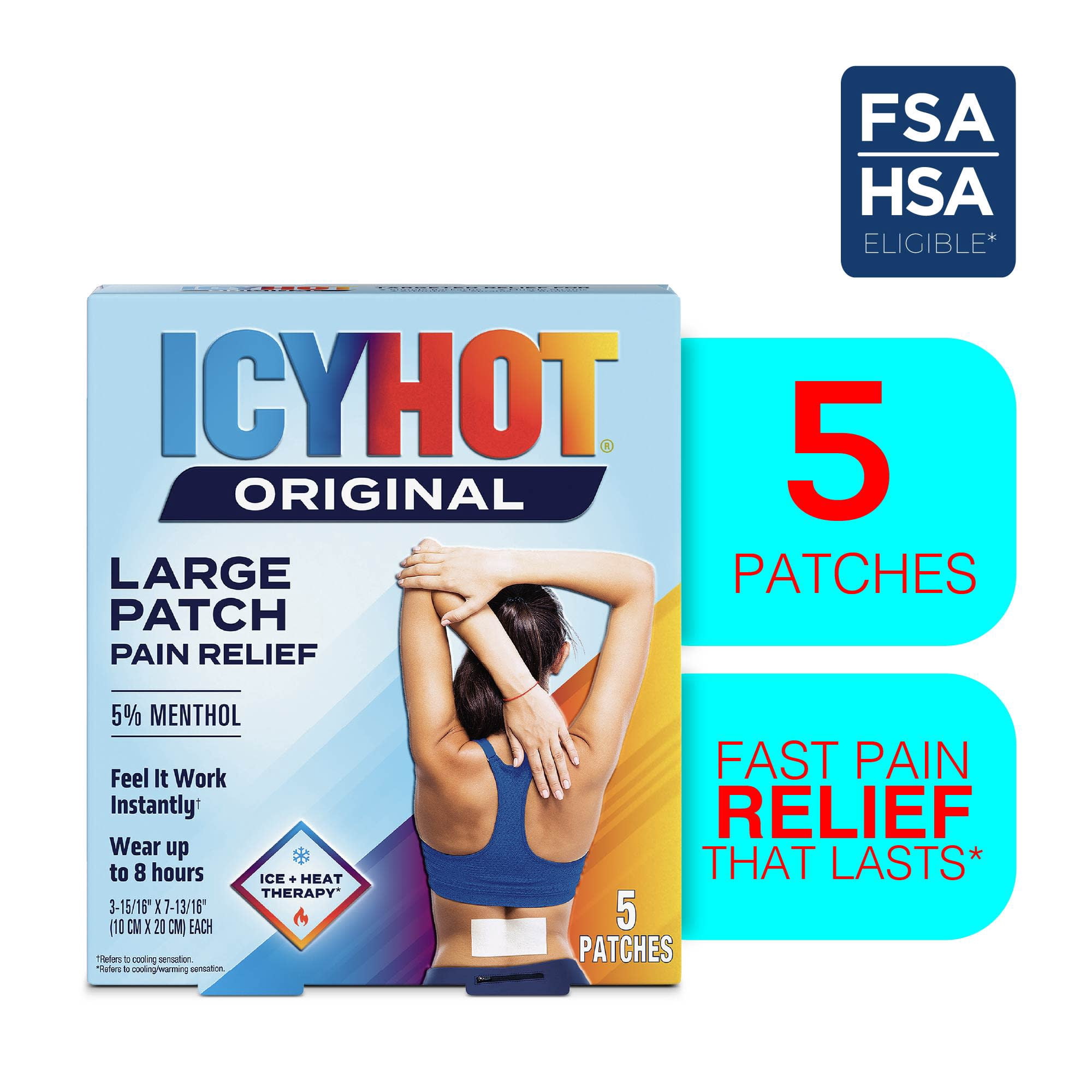 Icy Hot Original Pain Relief Patch, Large Size Comfortable Fabric Patches With Menthol 5%, Ice and Heat Contrast Therapy for Backaches, Joints, Muscle Strains and Arthritis, 5 ct.
