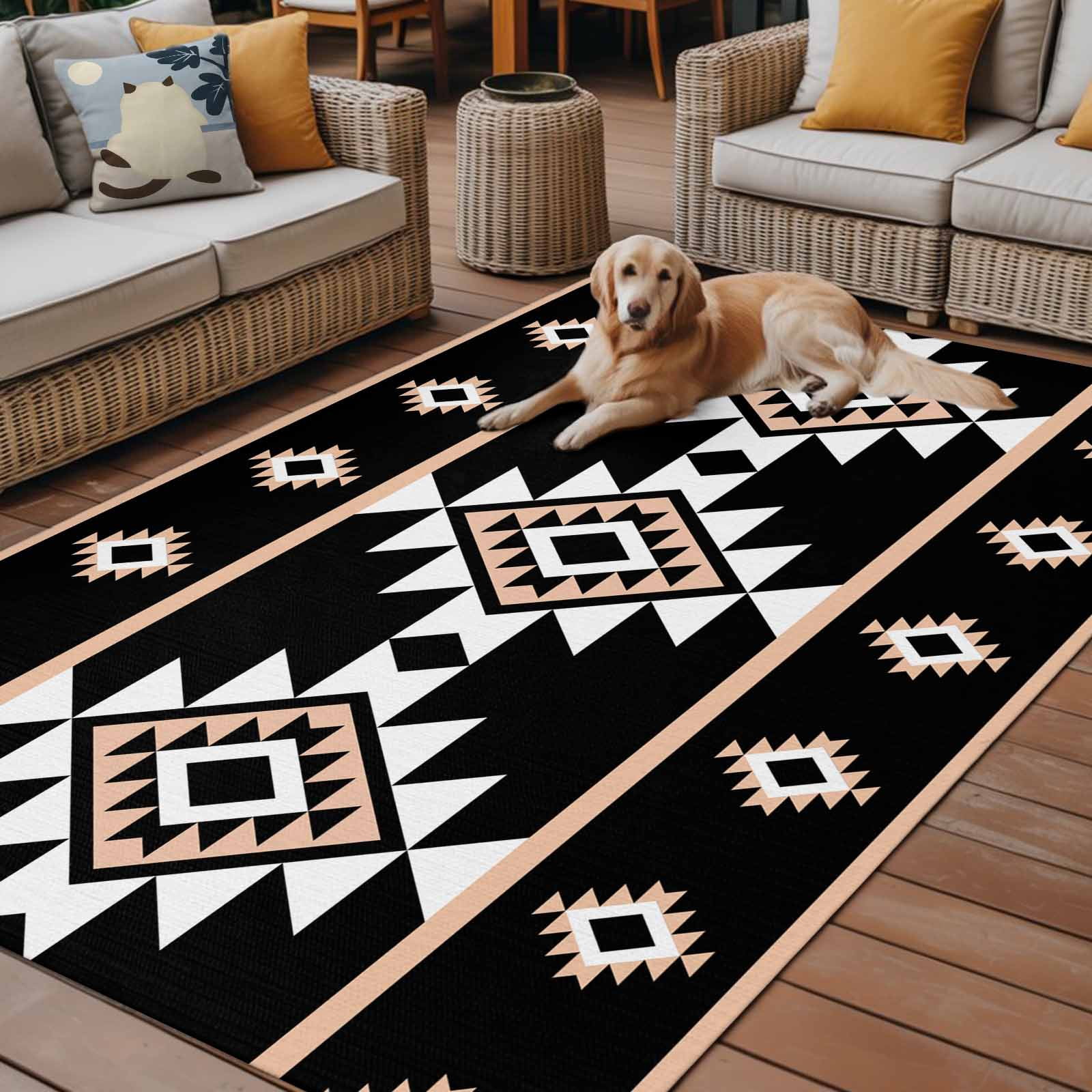 Fsddascl Black White Boho Outdoor Rug for Patio/Deck/Porch, Non-Slip Large Area Rug 4 x 6 Ft, Modern Western Aztec Abstract Geometric Indoor Outdoor Rugs Washable Area Rugs, Camping Rug Carpet