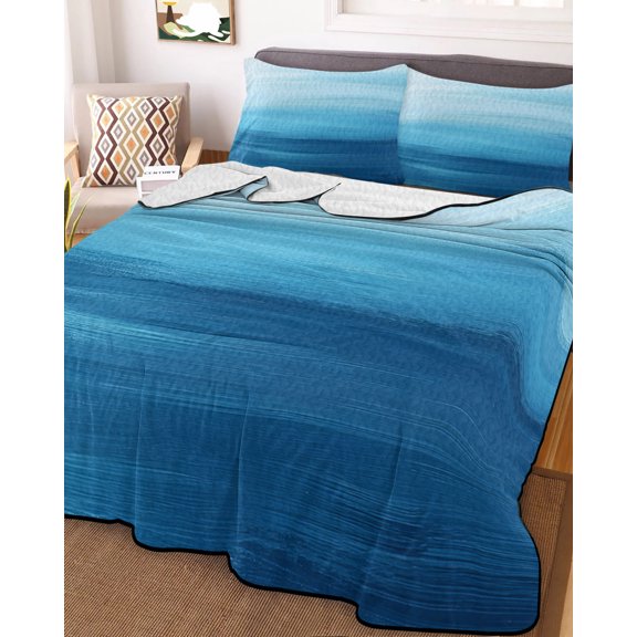 78x90in Quilt Bedding Set, Abstract Blue Brushstroke Lightweight Coverlet Summer Comforter Set Soft Microfiber Bedspread, Ocean Blue Background 3 Piece Quilt Set with 2 Pillow Shams All Seasons Use