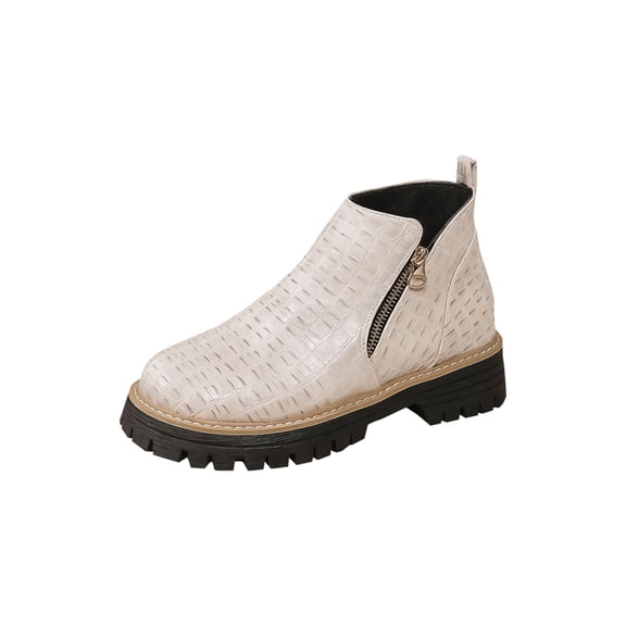 Beige Women'S Ankle Boots Low Heel Chunky Heel Booties Fashion Casual British Style Side Zipper Round Toe Solid Color