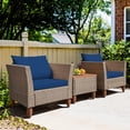thumbnail image 3 of Gymax 3PCS Rattan Patio Conversation Furniture Set w/ Wooden Feet Navy Cushions, 3 of 10