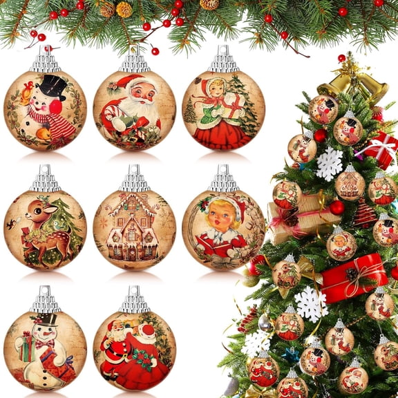 BESTSKY 16 Pcs Christmas Tree Ball Ornaments Vintage Christmas Decorations for Tree Colorful Xmas Decorative Santa Claus Snowman Hanging Ball for Farmhouse Home Fireplace Decor Holiday Party Favors