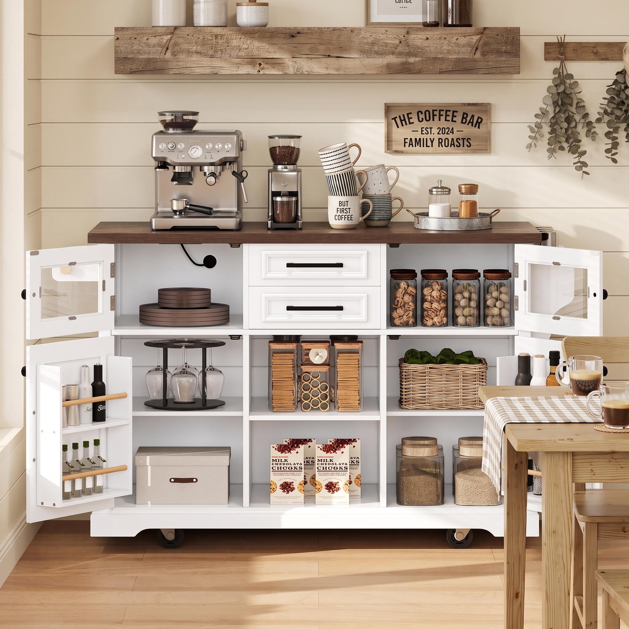 Homy Casa 54.9" Farmhouse Kitchen Island with Drop Leaf, Storage Cabinet, Drawers and Shelves, White