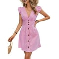 thumbnail image 2 of Women'S Striped Summer Dresses V Neck Casual Mini Dress Flutter Sleeve Ruffle Button Sundresses Pink L, 2 of 8