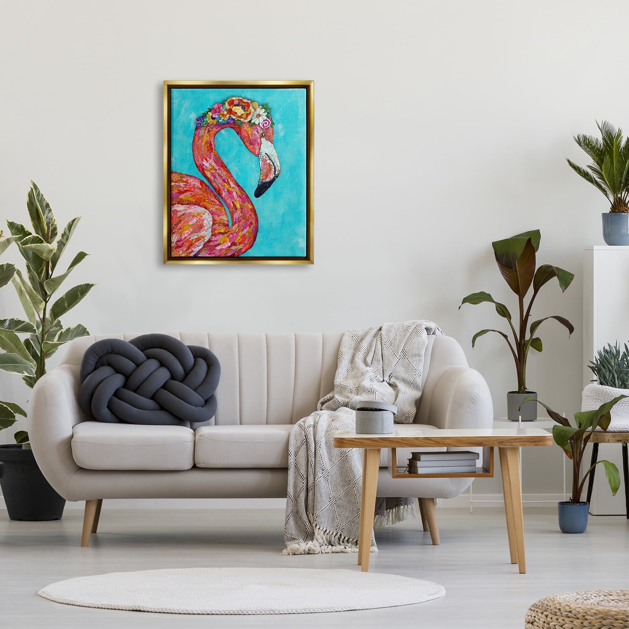 Stupell Industries Floral Flamingo Bird Bold Saturated Blossoms Collage Painting Metallic Gold Floating Framed Canvas Print Wall Art, Design by Lisa Morales