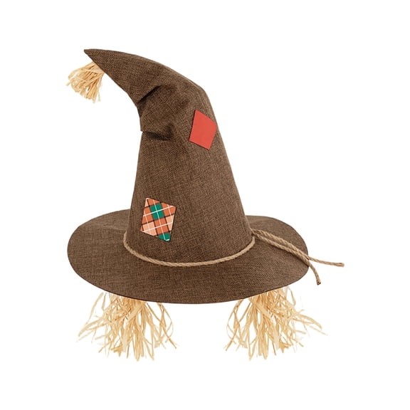 Brown Scarecrow Hat for Halloween, Fabric Wizard Hat with Patchwork Details, Ideal for Adult Role-Playing and Home Decor, Unique Design for Themed Events