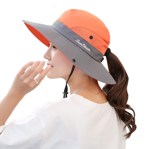 Muryobao Sombrero de sol con cola de caballo para mujer, protección UV, malla plegable, ala ancha, sombrero de pesca para playa