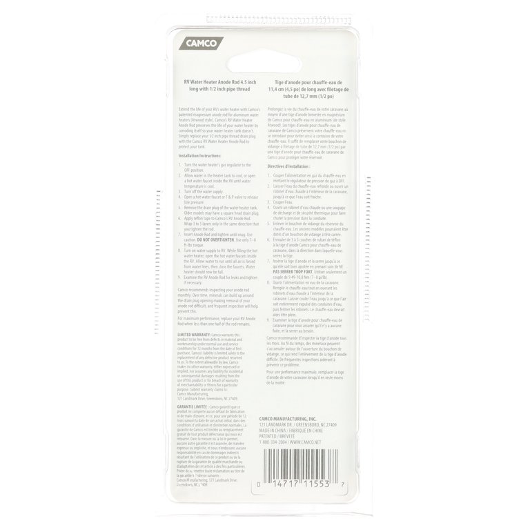 Camco Magnesium Anode Rod - Fits Atwood RV Water Heaters, Metal, Silver  (11533) - Walmart.com