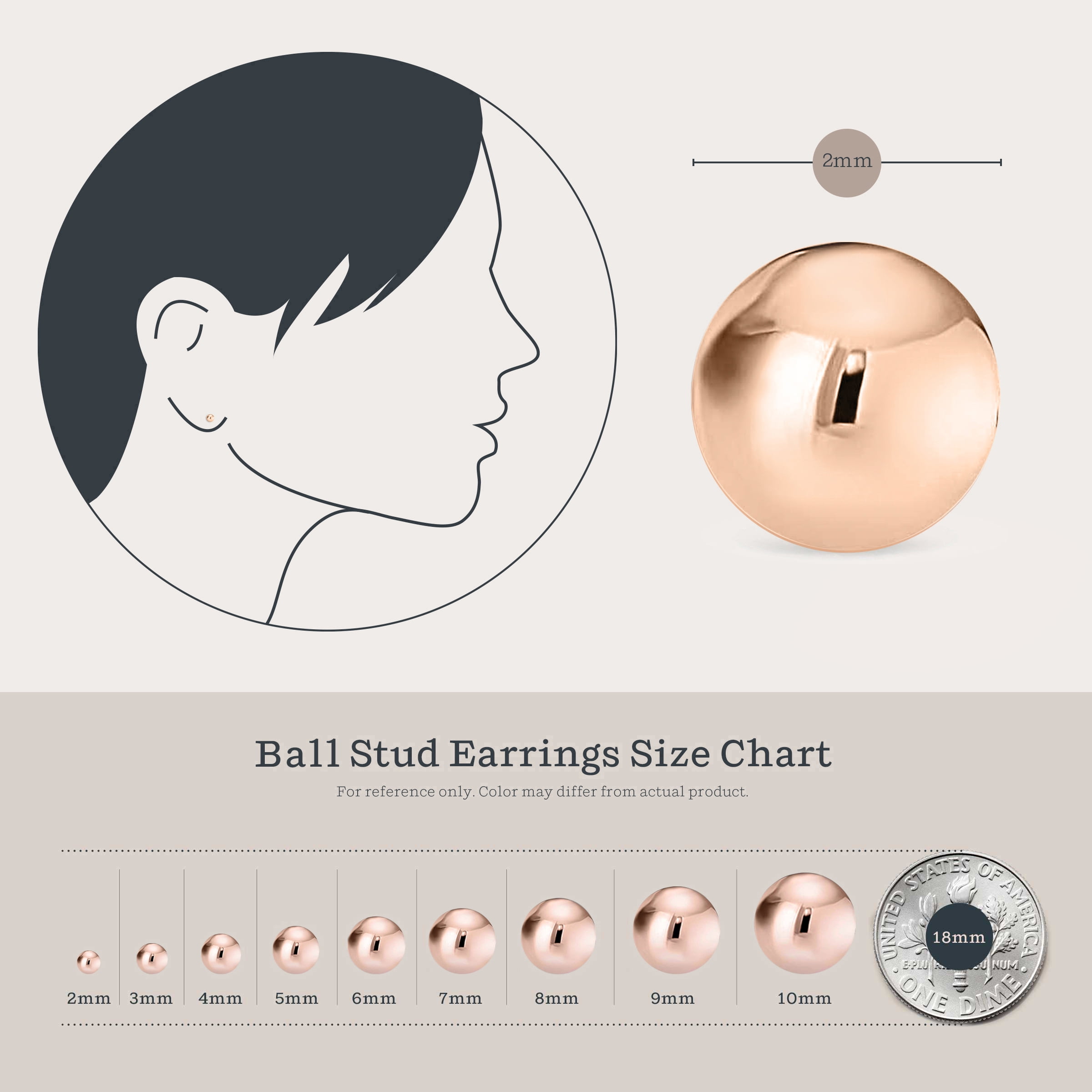 Kezef Rose Gold Plated Polished Sterling Silver Round 2mm Ball Bead Stud Earrings
