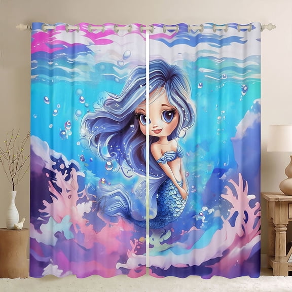 Feelyou Blue Mermaid Black Out Curtains, Tale Ocean Curtains Pack of 2 (42x63 Each)