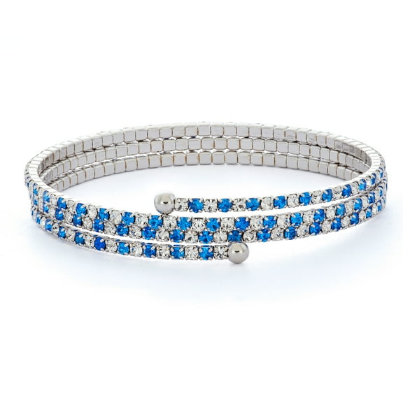 X & O Rhodium Plated Crystal Three Row Flex Bangle in Sapphire and White Crystal Combination