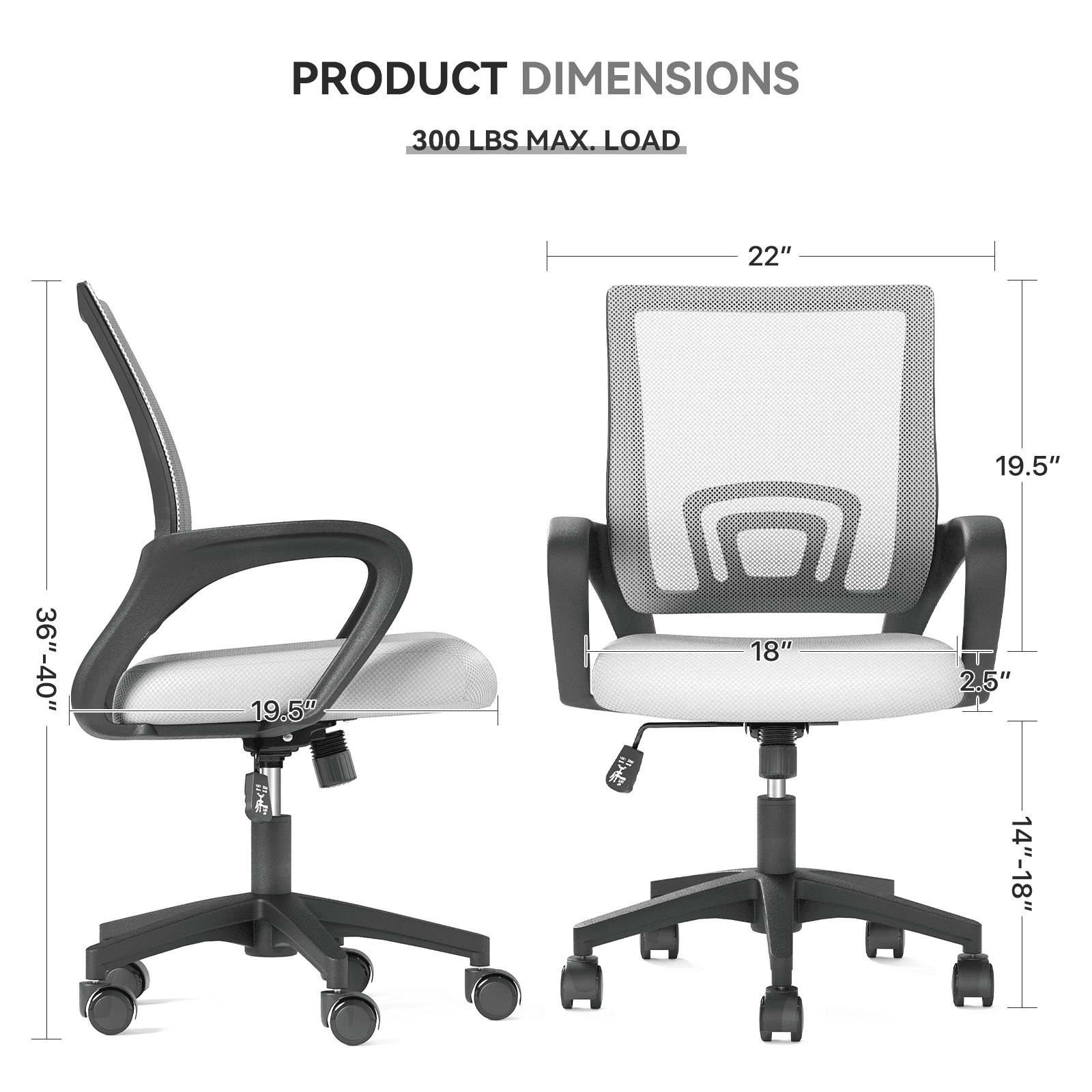 OSM 2-Pack Ergonomic Mesh Office Chairs, Mid-Back Desk Chair with Lumbar Support, Swivel Computer Task Chair for Home Office, Gaming & Study, 300 lbs Capacity, White