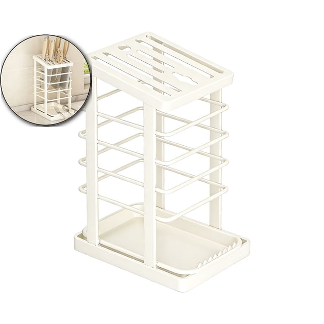 Stainless Steel Kitchen Knife Holder with Drain Tray – Countertop Knife Storage Rack for Knives, Scissors & Utensils – Inclined Safety Design, 8.86"x6.1"x4.61"