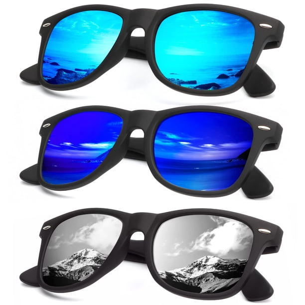 KALIYADI Gafas de sol polarizadas para hombres y mujeres, acabado mate, lentes de espejo de color, bloqueo UV (paquete de 3)