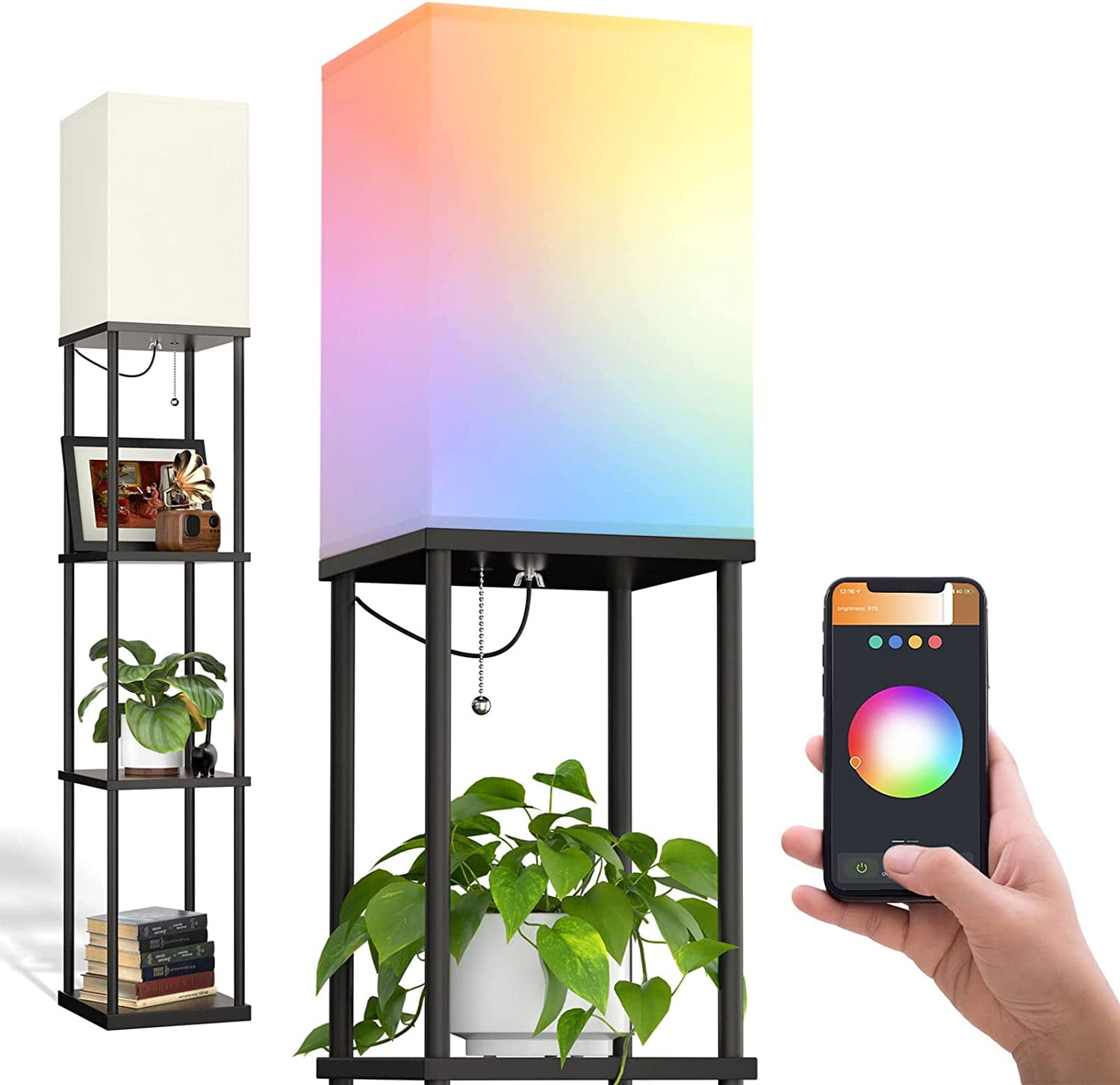 addlon Smart Modern Shelf Floor Lamp with RGB Bulb and White Lamp Shade