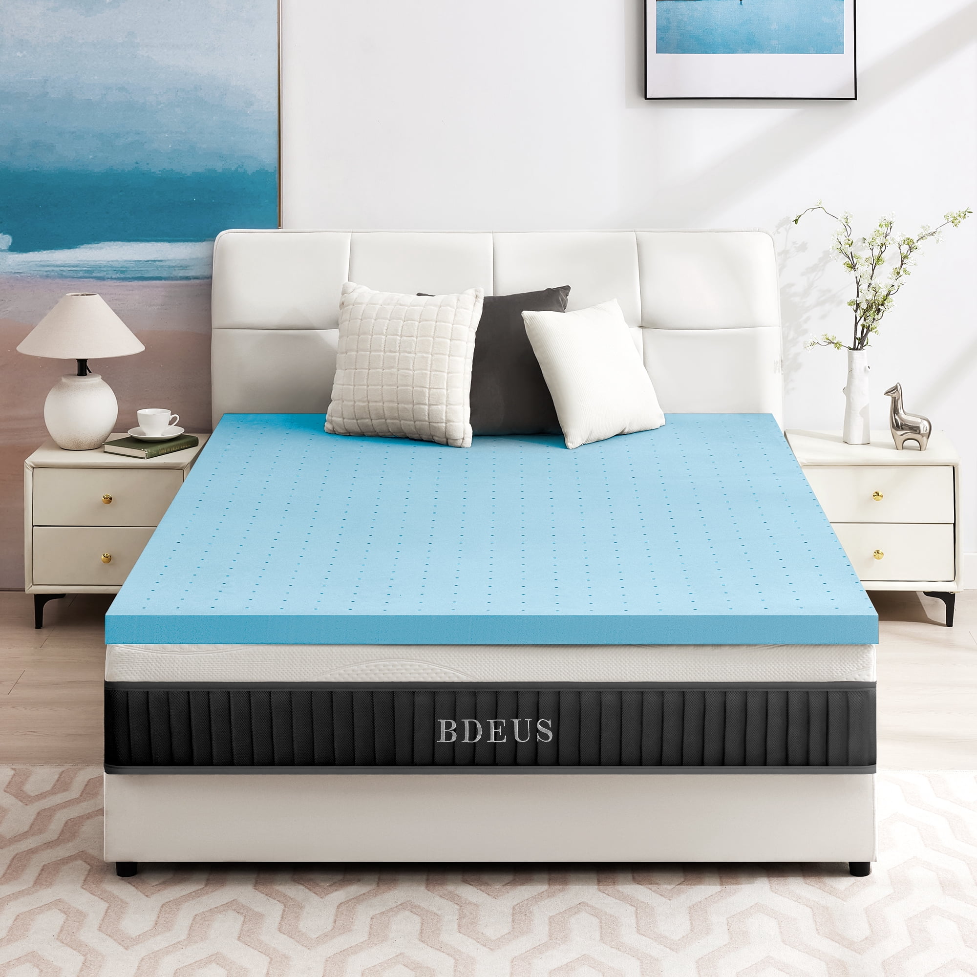 BDEUS 4 inch Mattress Topper, Cooling Gel Memory Foam Bed Topper for Pressure Relief, Twin，Blue