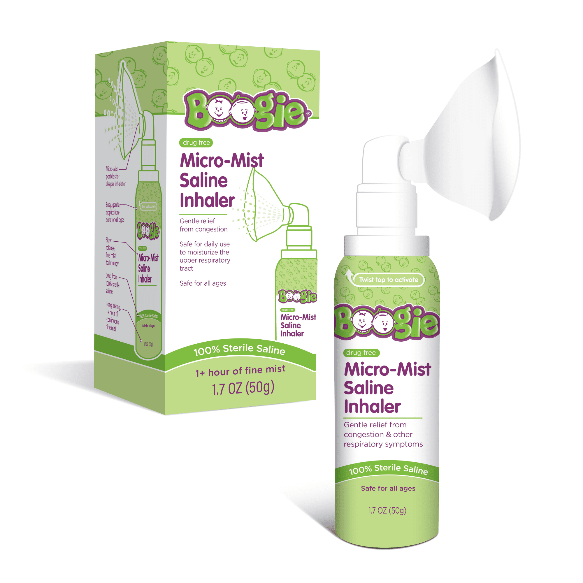 (2 pack) Boogie Sterile Drug-Free Micro-Mist Saline Inhaler for All Ages