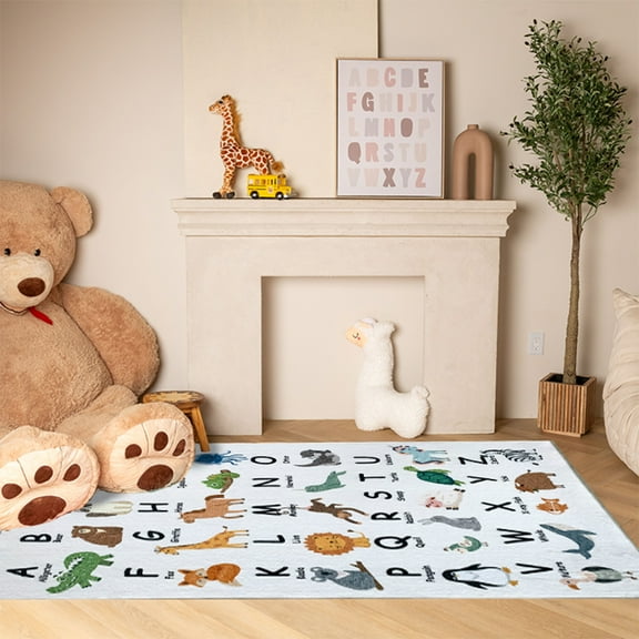 Rug Branch Kids Soft Steps Playtime Alphabet Animals White Beige Indoor Soft Area Rug - 4x6