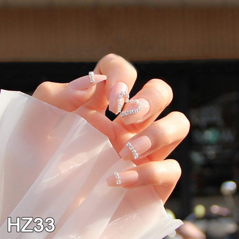 24Pcs Rhinestones Inlaid Fake Nails Flat Head French Style Artificial Nails  - Walmart.com