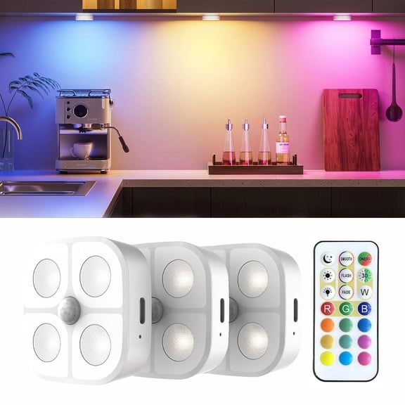 HRWOKI 3 Pack Rechargeable Motion Sensor Night Lights, Dimmable RGB LED Puck Lights with Remote & Magnetic Mount, for Kitchen Closet Stairs