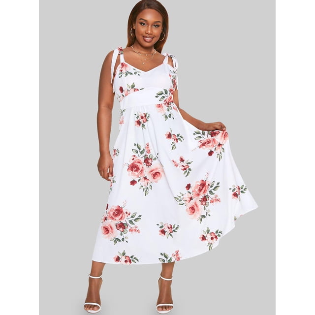 Maxi Vestido de Talla Extra con Estampado de Flores con Lazo Rosegal Vestidos casuales de talla grande