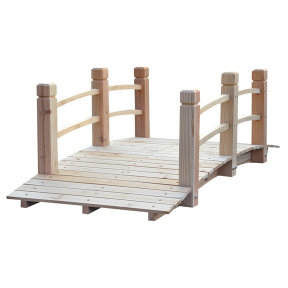 Beyamis 5ft Wooden Garden Bridge - Arc Footbridge with Railings, Natural Wood, for Backyard, Spring Yard Decor