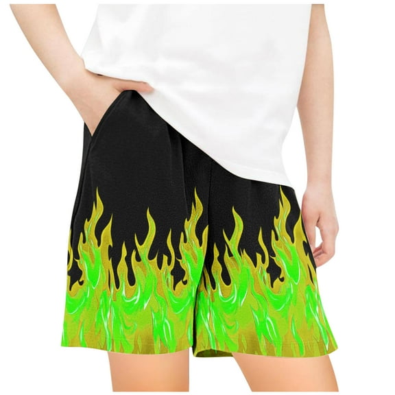 VEKDONE Boys And Girls Hawaiian Shorts Flame Print Lounge Shorts Summer Outdoor Vacation Beach Shorts with Pockets Elastic Waisted Loose Shorts Green 13-14 Years