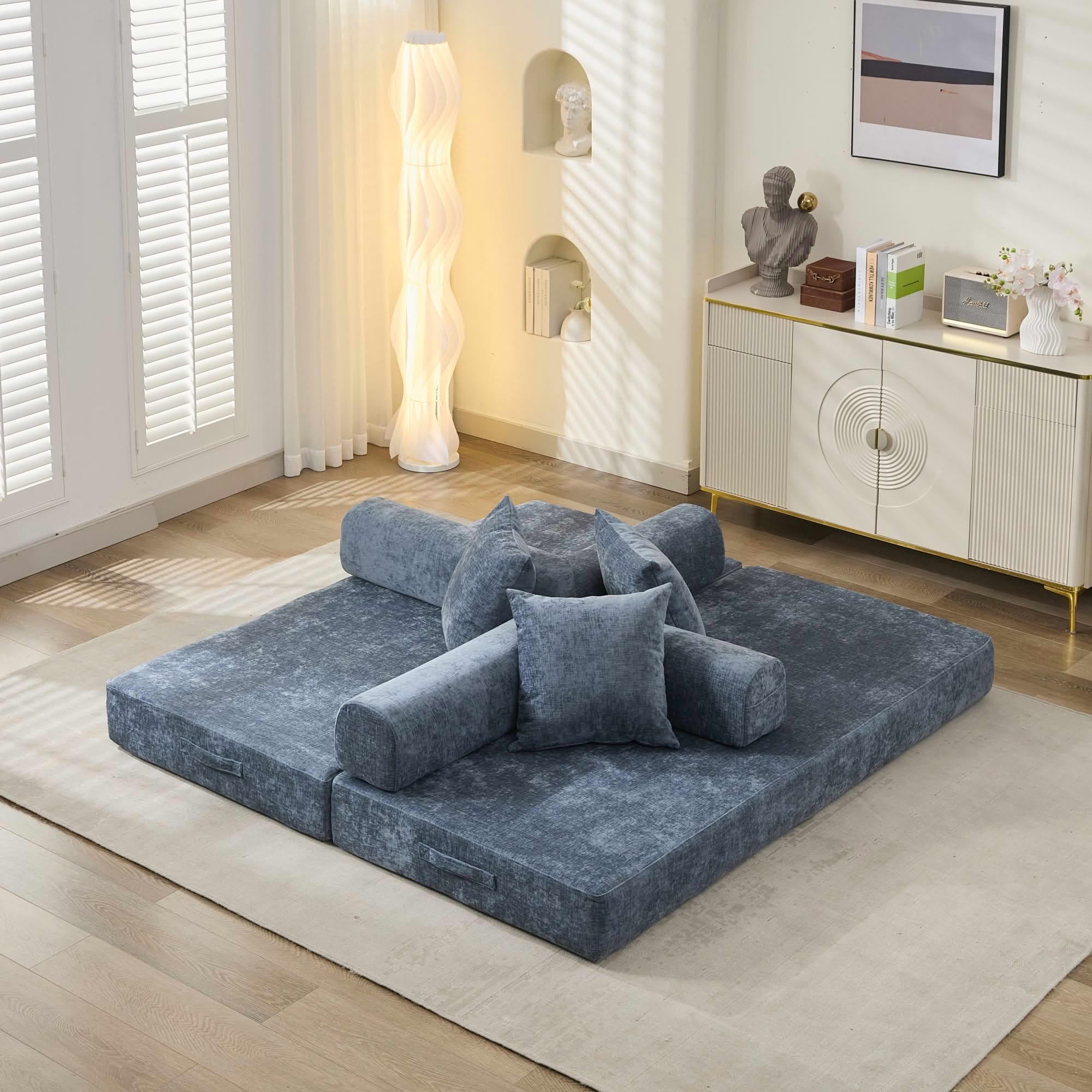 MAYEERTY 78.8" Blue Chenille Convertible Floor Sofa Bed, No Assembly Modular Couch with Pillows for Living Room Studio