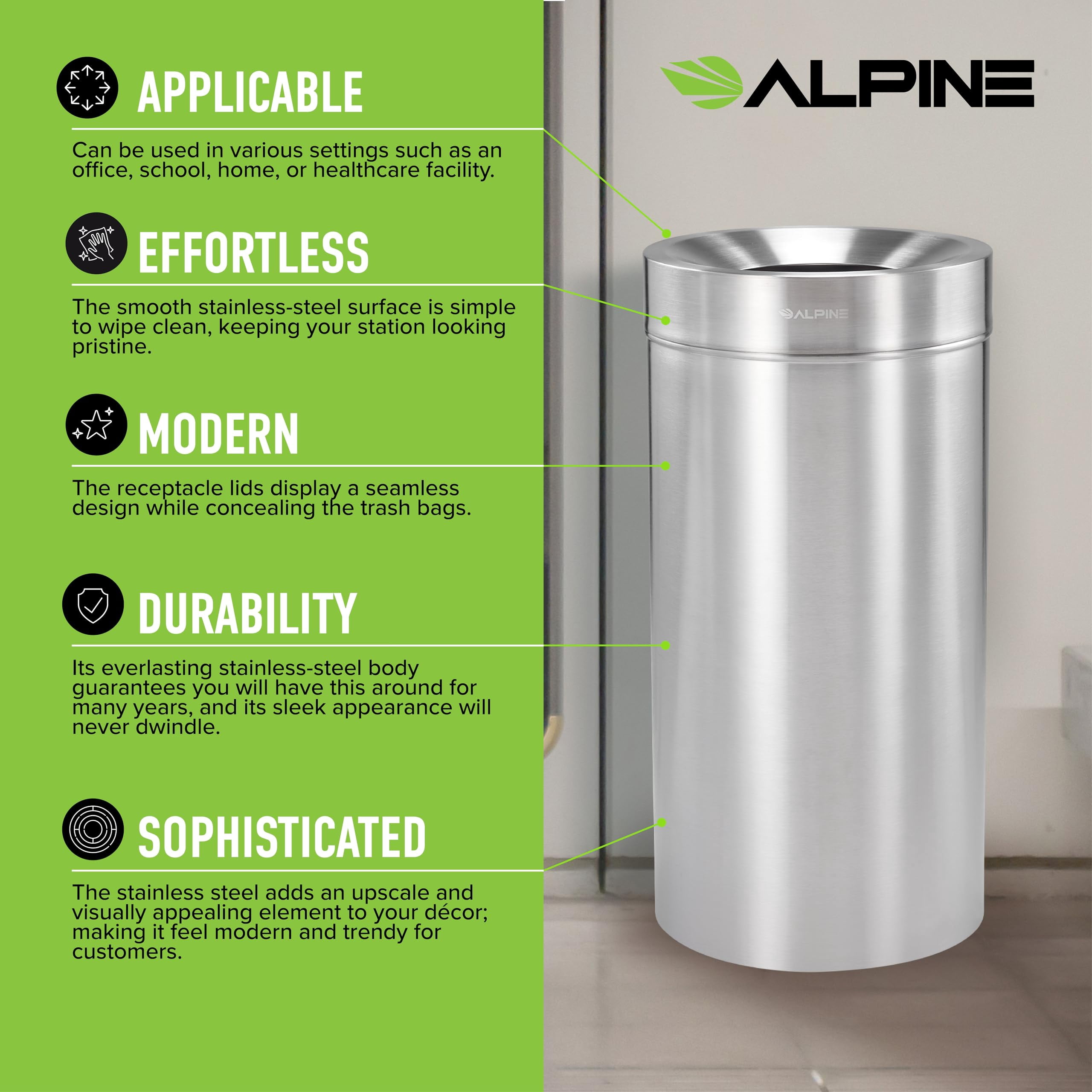 Alpine Industries 27 Gallon Stainless Steel Trash Can - Heavy Duty Indoor Garbage Bin - Corrosion Proof Waste Disposal for High-Traffic Areas