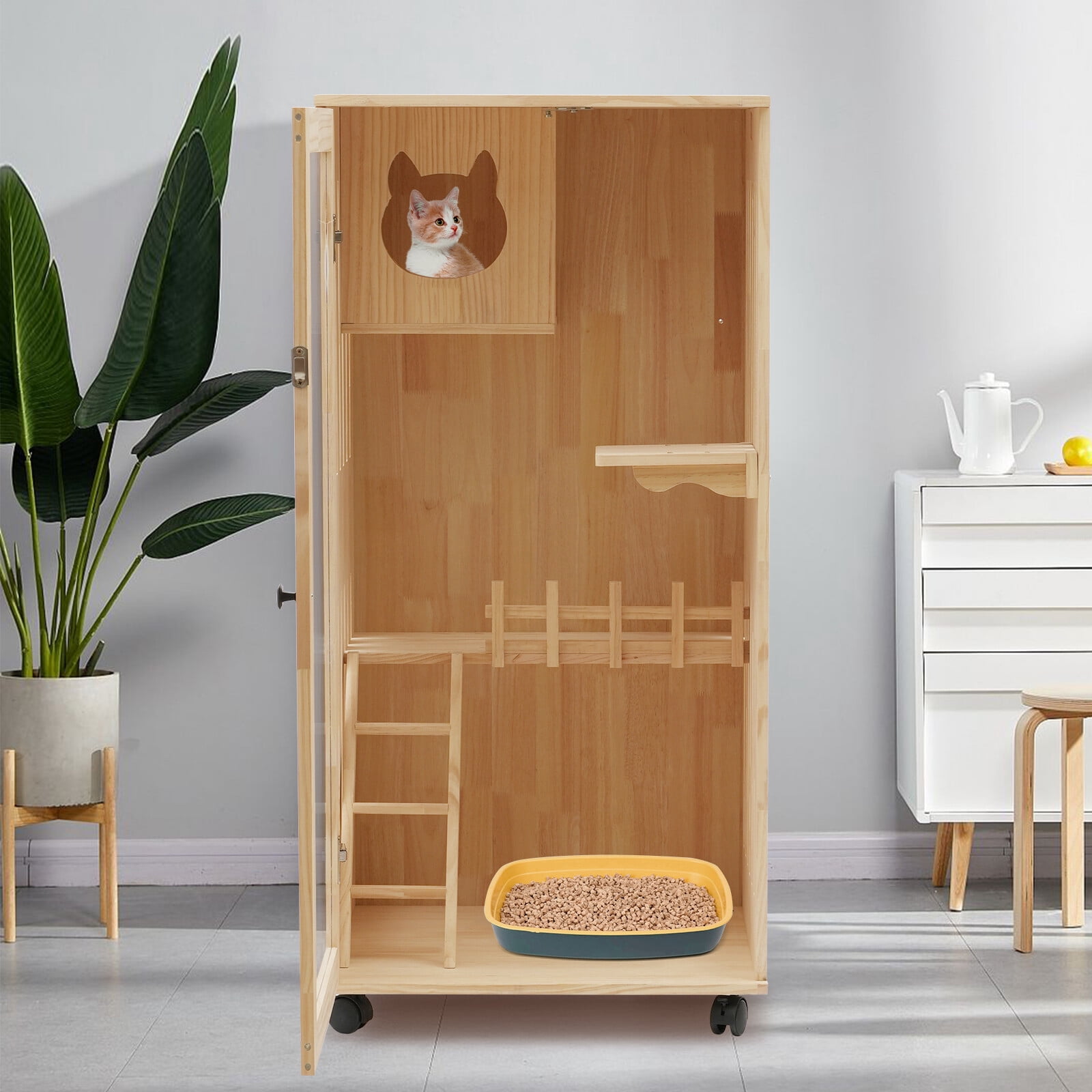 Pine Wooden Cat House Oversized Cat Villa on Wheels Cat Enclosure Catio Cage with Ramp and Covered Cat House Kit Luxury Multi-Feature Cat Condo with Cat Scratching Posts for Outdoor and Indoor Cats