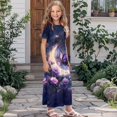 thumbnail image 3 of Uourmeti Girl's Dress Purple Butterfly Moon Print Crew Neck Short Sleeve Maxi Long Dress with Pockets Cute Flowy Holiday Outfits, Size 9-10 Years, 3 of 7