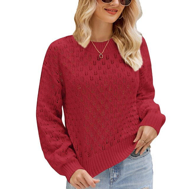 Jersey Manga Larga Cuello Redondo Suelto Cómodo Piel Amigable Poliéster Hueco Suéter para Otoño Invierno Rojo S