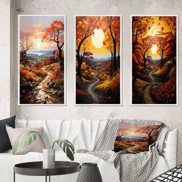 Designart "Autumnal Orchard in the Countryside" Landscape & Nature Framed Wall Art Set Of 3 - Orange Countryside Frame Canvas Set For Living Room Decor