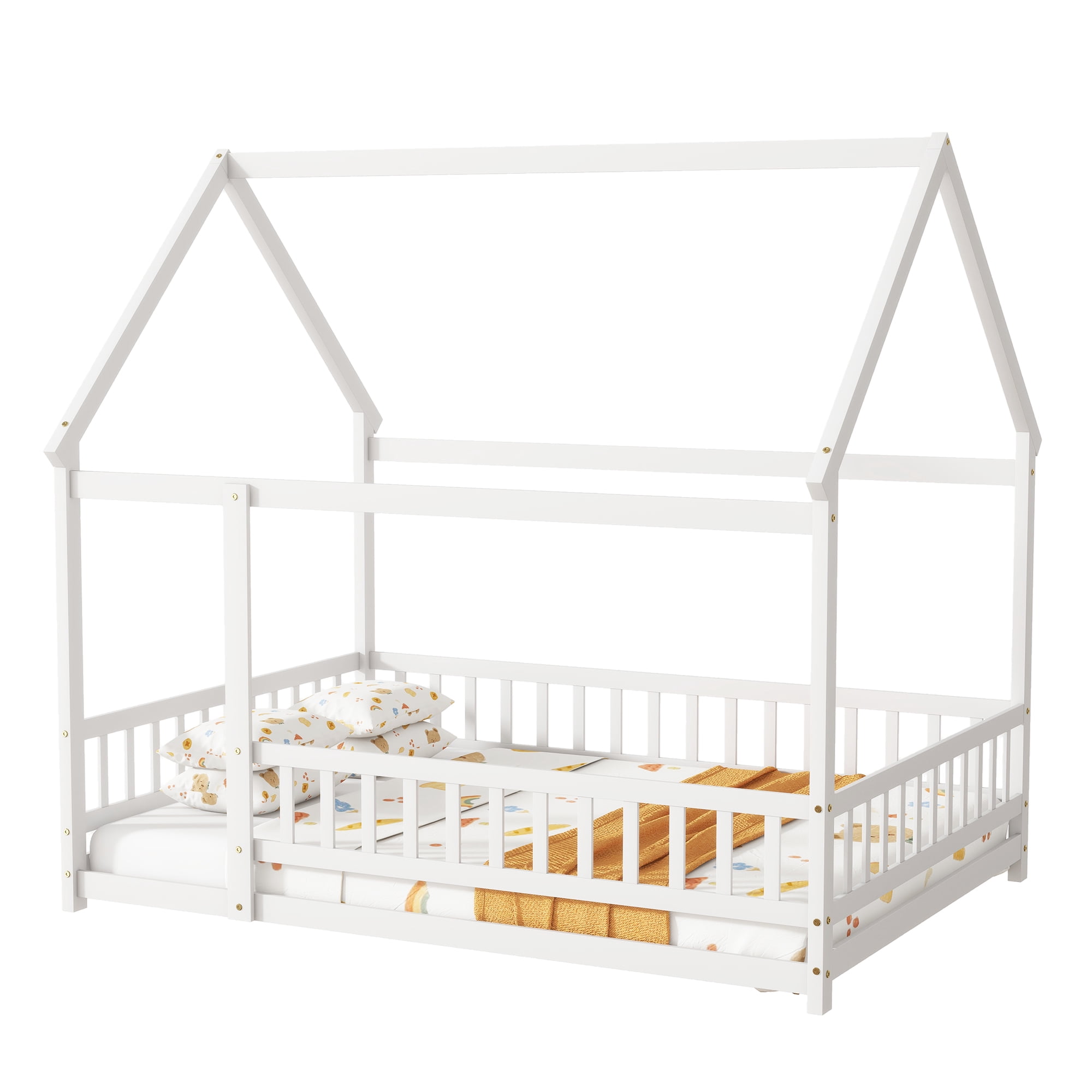Sailvan Full Size House Floor Wooden Bed with Roof Frame, Safety Guardrails