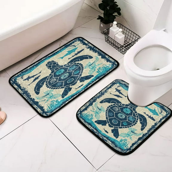 Turtle Retro Bathroom Rugs Set Non-Slip Bath mats set Soft Absorbent Contour Toilet Rug Bath Carpet