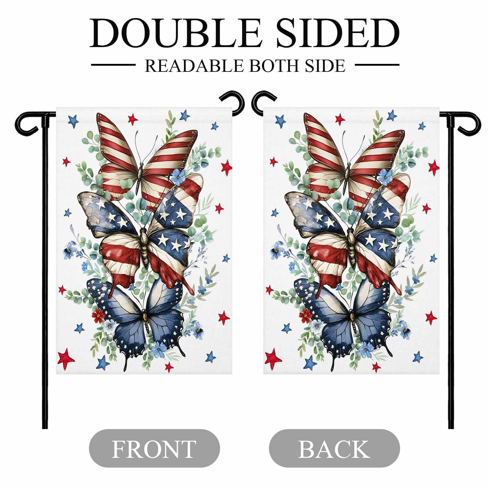 4th of July Garden Flags Red Blue Stars Butterfly Garden Flag Double Sided Welcome Flag Eucalyptus Leaves Independence Day Yard Flags for Outdoor Lawn Porch Memorial Day Holiday Decor 28x40 Inch