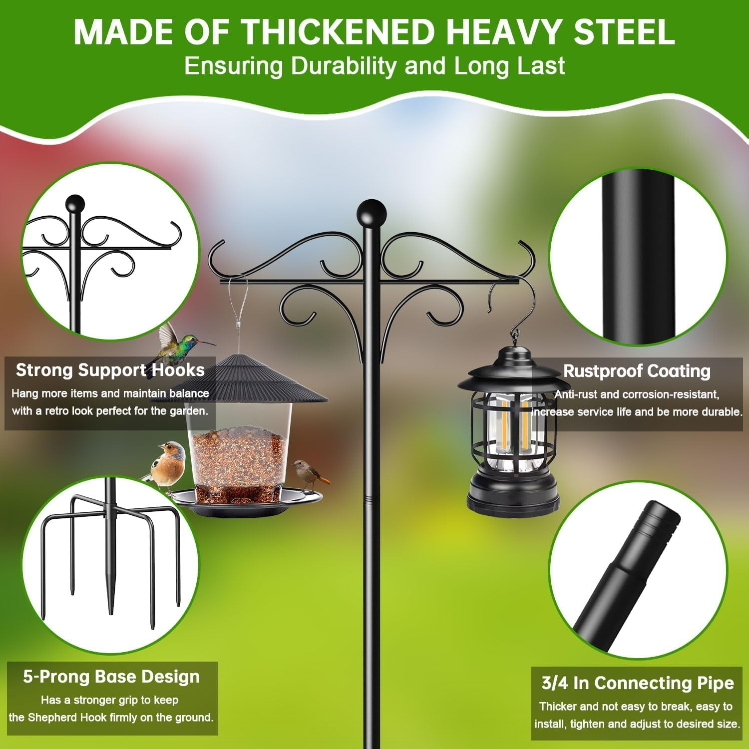 92 Inch Double Shepherds Hooks for Outdoor, Heavy Duty Bird Feeder Pole with 5 Base Prongs, Adjustable Garden Hanging Holder for Bird Feeders, Lanterns, Plant Hanger Stands, Weddings Decor