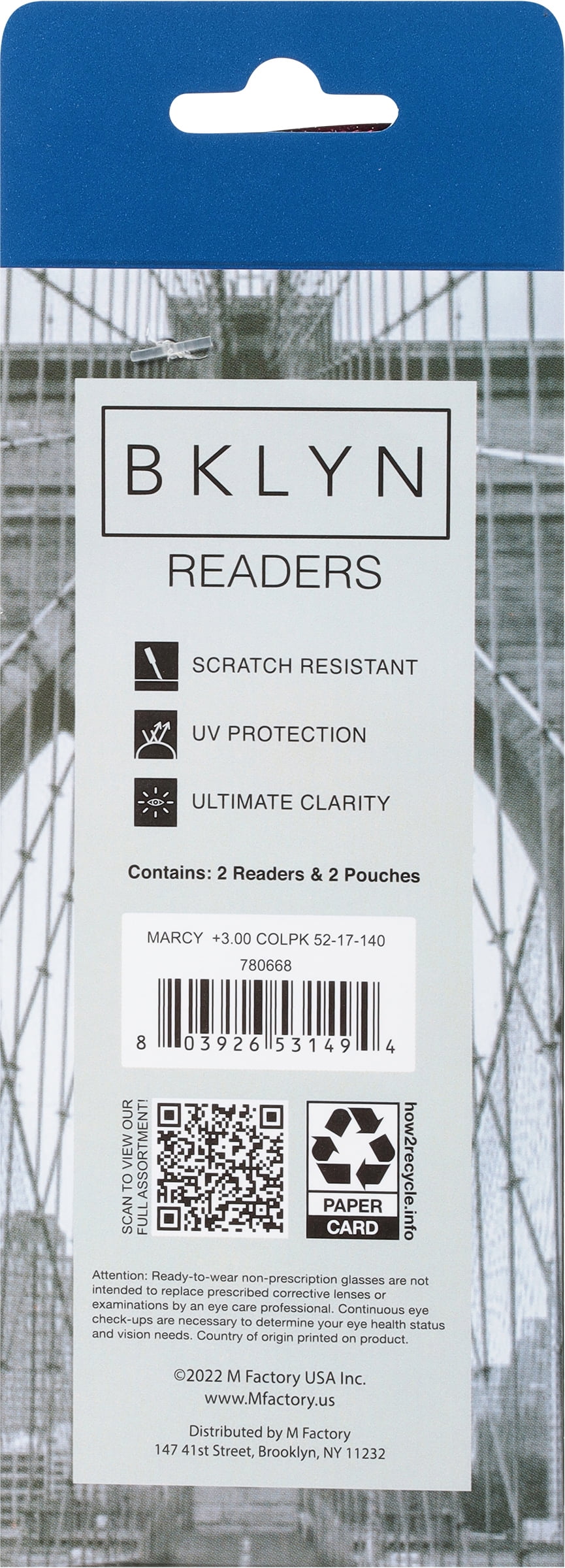 (2 pack) Bklyn, Marcy +3.00, Adult, Womens, Plastic Reading Glasses & Pouches Value Pack , 2 Ea