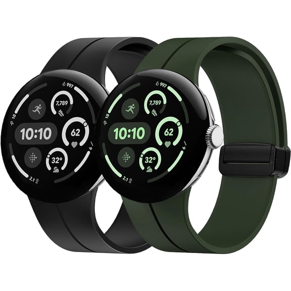KOMI 2 Pack Soft Silicone Magnetic Sport Band Compatible for Google Pixel Watch 3 (45mm), No Gap Waterproof Adjustable Strap with Magnetic Buckle for Men Women Black Green