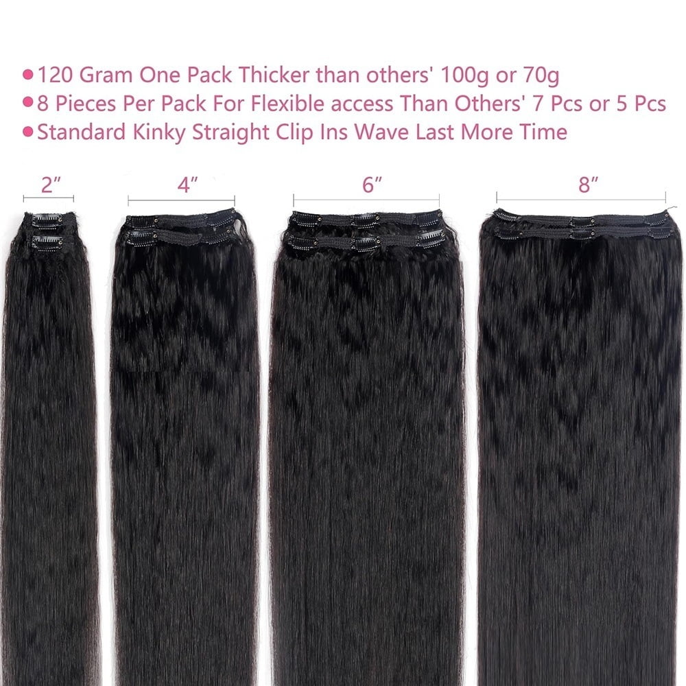 Kinky Straight Clip In Hair Extensions for Black Women Real Human Hair Natural Black 8Pcs 120g Full Head Yaki Straight Clip in Extensions