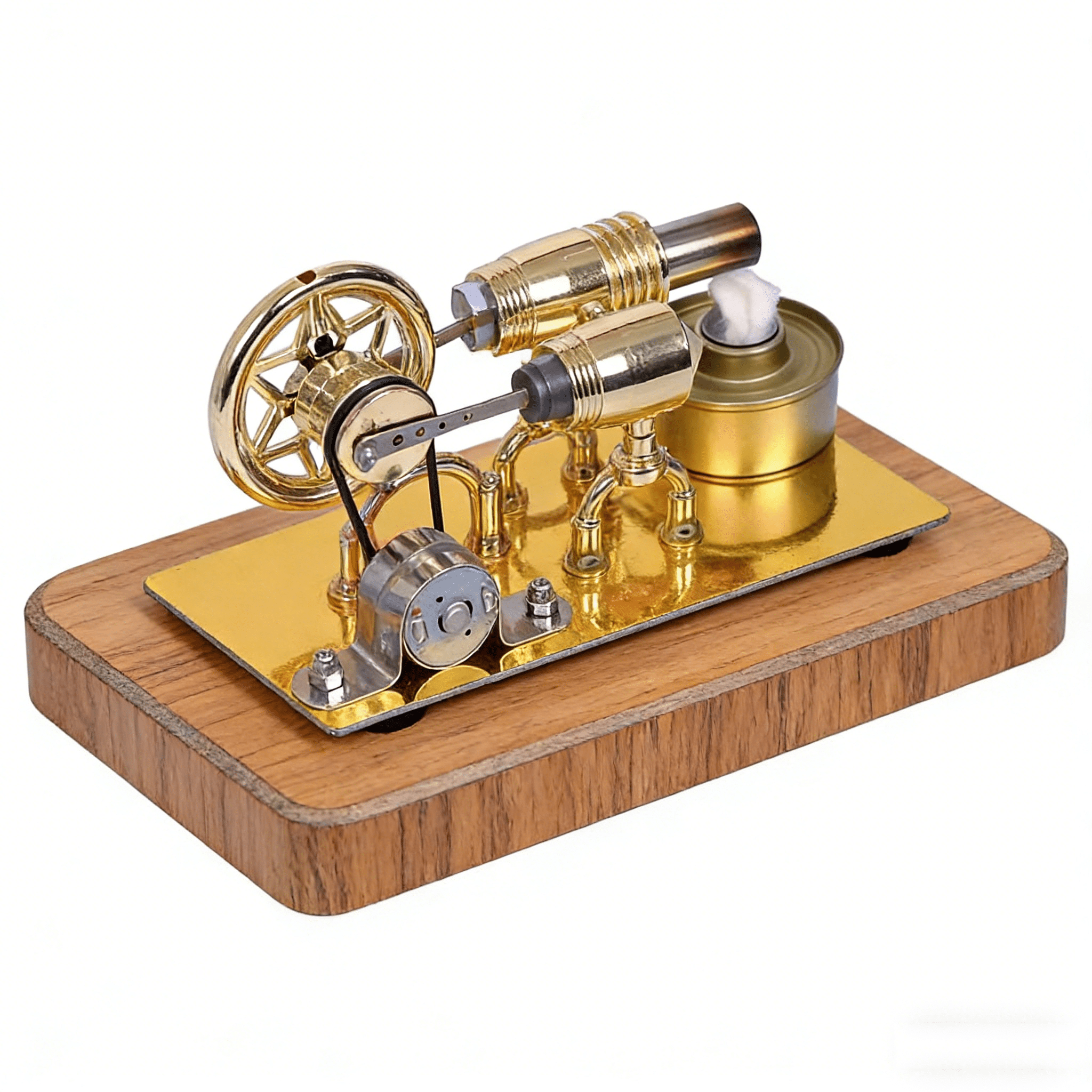 Working Stirling Engine Generator Model with Light Bulb, Heat Powered Hot Air Engine, Dual Cylinder Metal Mechanical Desktop Physics Demonstration Model & Display Gift (Light Color Random)