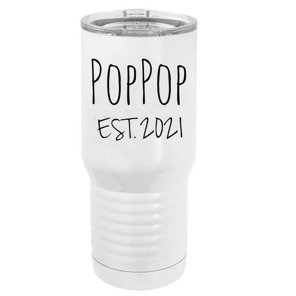 PopPop Est. 2021 Established Stainless Steel Vacuum Double-Walled Insulated 20 Oz Tumbler Travel Coffee Mug with Clear Lid, White