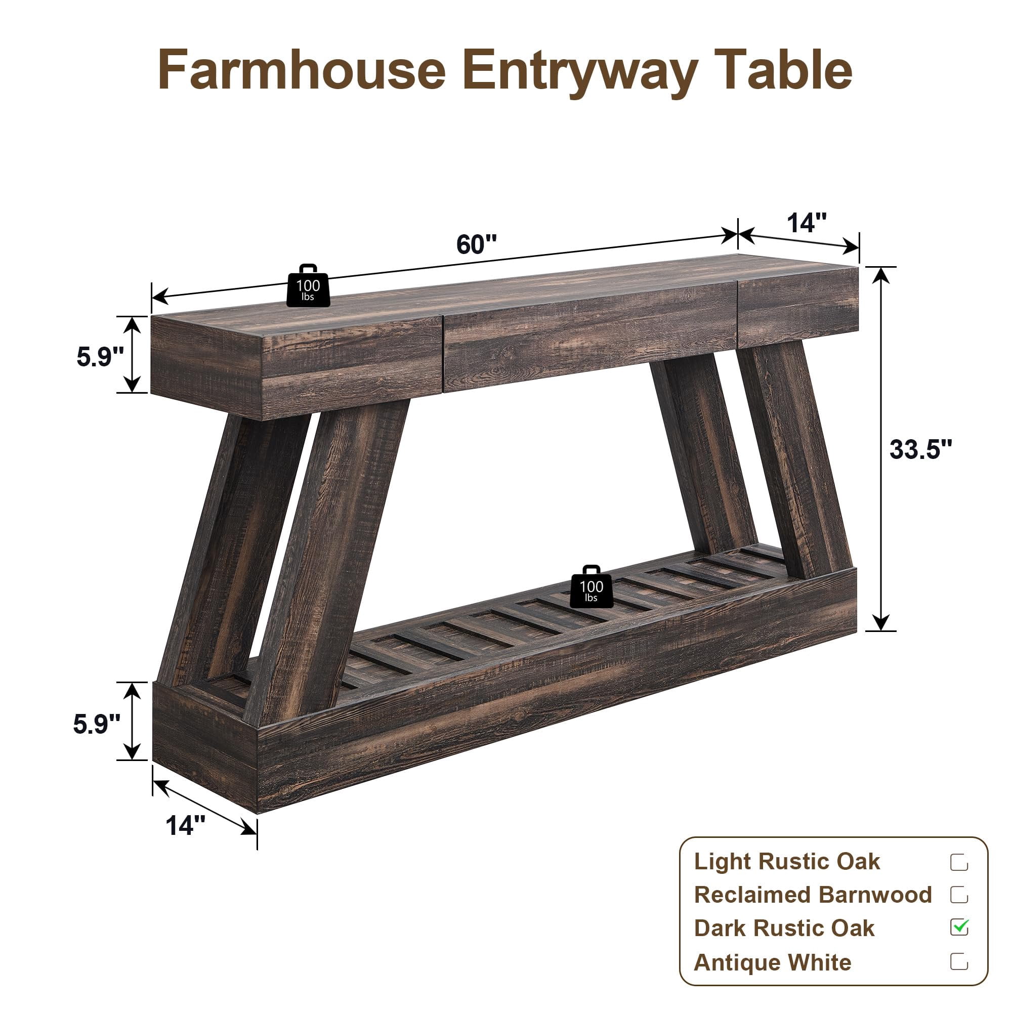 OKD 60" Wood Console Table, Farmhouse 2-Tier Sofa Table Entryway Table with Drawer & Heavy Duty Base for Entrance, Hallway, Living Room - Dark Rustic Oak