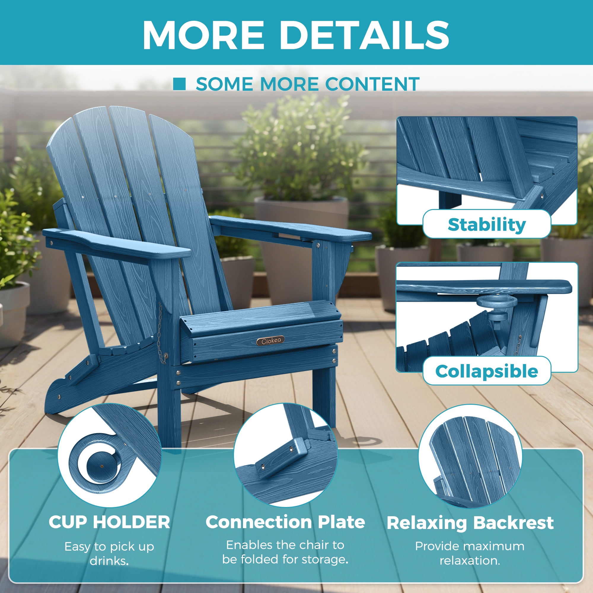 Ciokea Wood Adirondack Chairs Set of 2 Outdoor Folding Patio Chairs Fire Pit with Cup Holder Porch Garden Navy