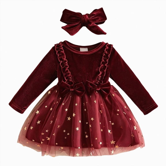 WUANDIXFA Baby Girl Christmas Velvet Dress with Bow Headband Long Sleeve Star Tutu Party Dress,Red,6-12 Months