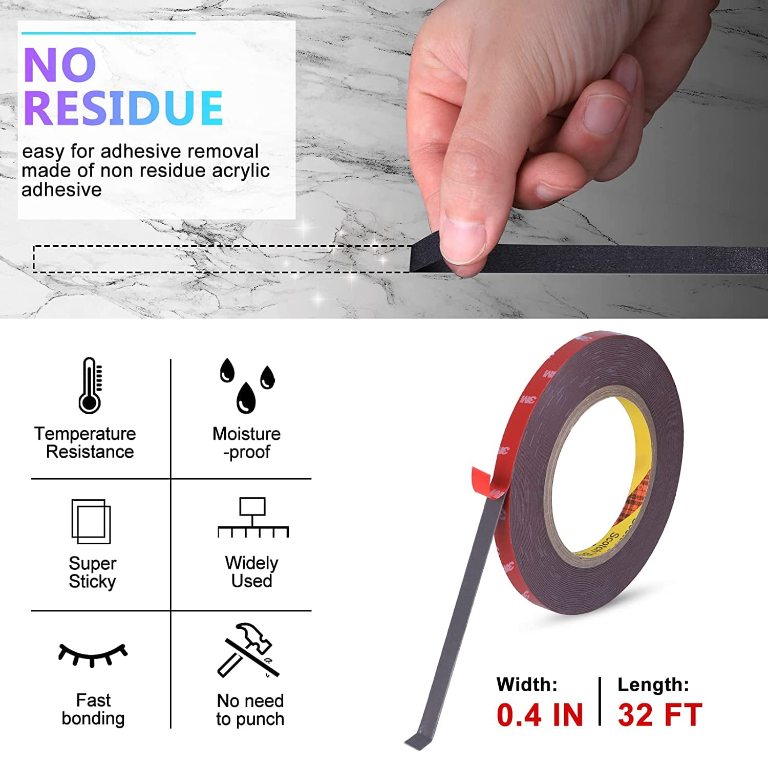Acrylic Adhesive Heavy Duty Mounting Tape Removable & Residue-Free for Home Decor,Wall Decor,Room Decor,Office Decor,Photo Frame Mounting 0.4inch Width Double Sided Tape 