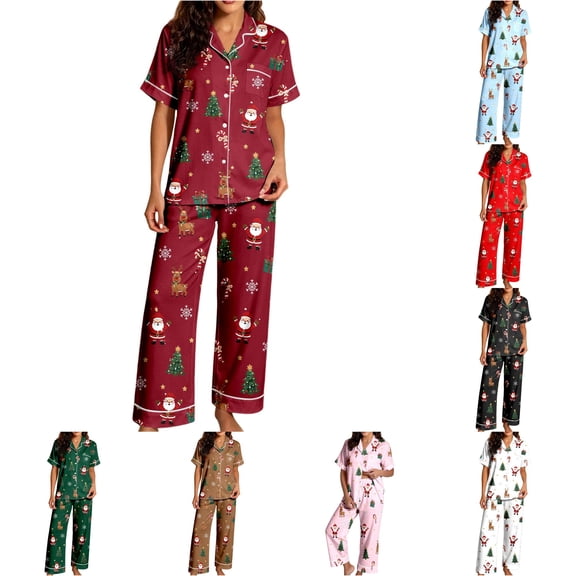 JAJAHO Womens Santa Claus Pajamas Set Christmas Button Down Short Sleeve 2 Piece Loungewear Sets With Pants
